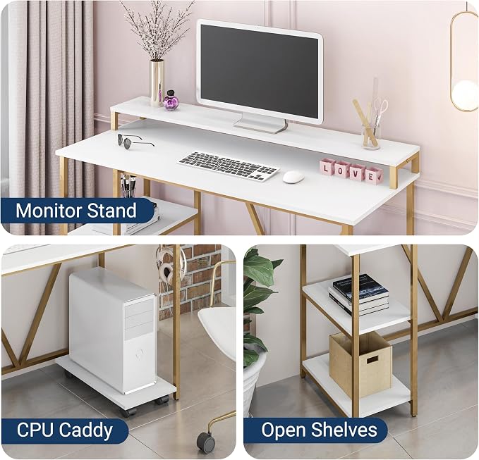 Techni Mobili 47" Computer Desk w/Shelves, Monitor Stand & CPU Caddy, Gold | 47" industrial computer desk with shelves, monitor stand, accessory holder, mobile CPU caddy, 2‑tier shelf for home office