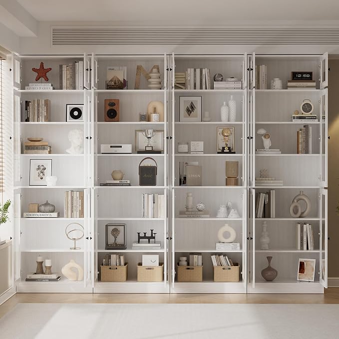 TUSY 85.5" Modern Tall Bookcase with Glass Doors, 7-Tier Wood Bookshelf with Storage for Home Office, Large Curio Cabinet for Living Room, Office, Bedroom, Family Room (White, BBB)