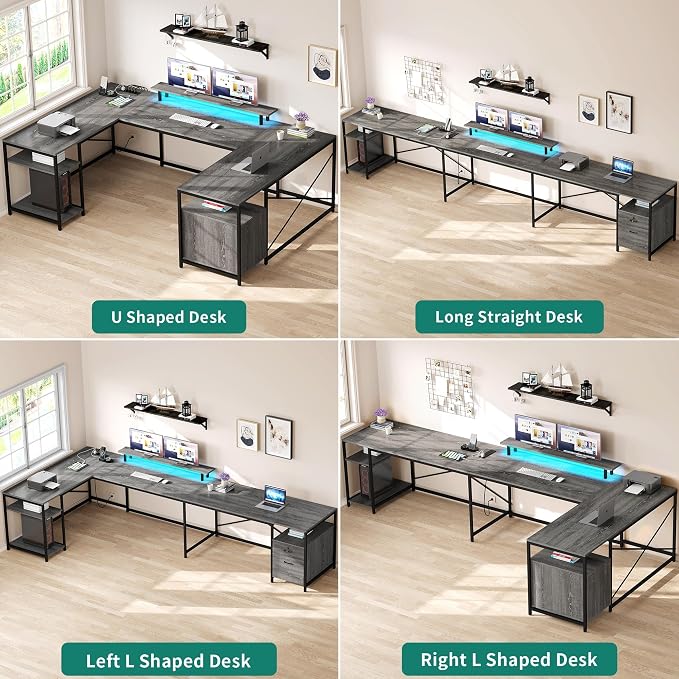 YITAHOME U Shaped Desk with Power Outlets & LED Lights, 79" Reversible L Shaped Desk with Drawers, Corner Computer Desk Office Desks with Monitor Stand & Storage Shelves, Grey