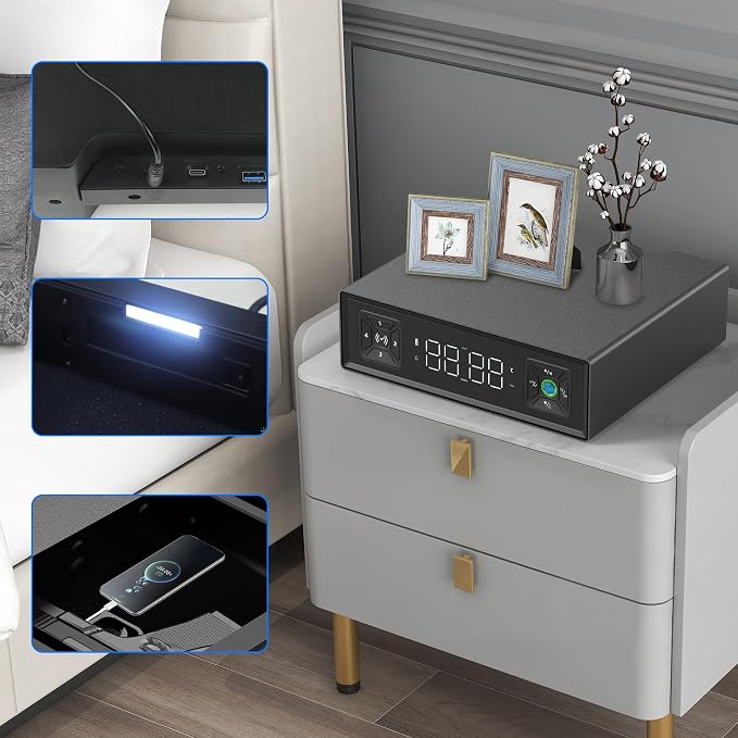 Smart Safety Box, Biometric Gun Safe for Handguns, Portable Security Safe with Fingerprint Lock, RFID Card, Keys, Anti-Theft Steel Cable, for Home & Travel, USB Charging, 2.4L Capacity