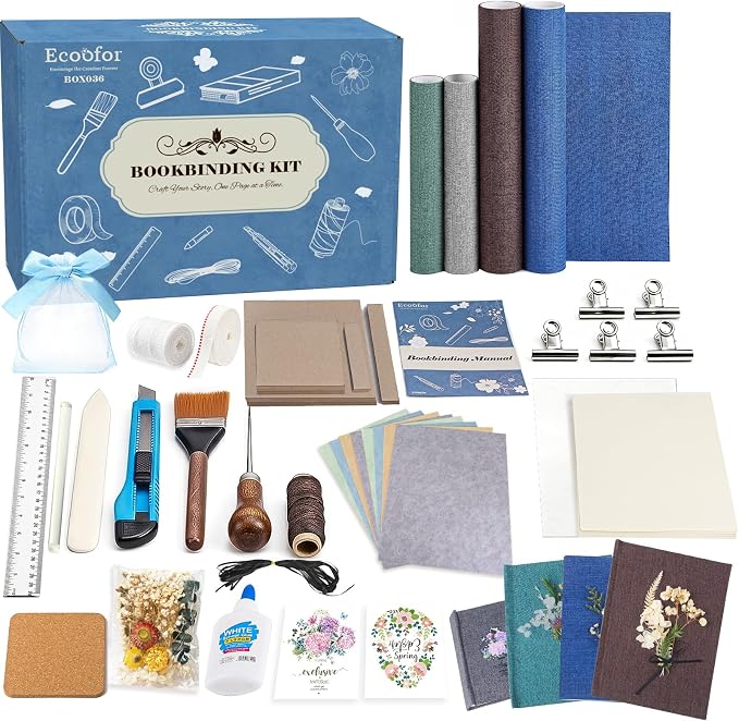Ecoofor Bookbinding Kit for Beginners, 167 PCS 4 Pack Book Making Kit with A5 Paper, Book Cloth, Awl & Tools, Pressed Flowers & Heat Transfer Film, Gift-Ready Box with Video Tutorials
