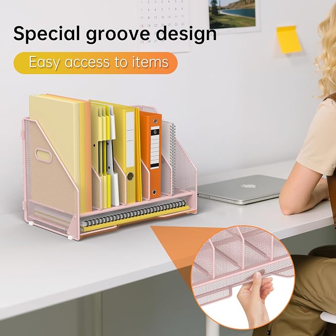 Docnest Mesh Desk File Organizer, 5 Vertical Compartment Box Sorter, Pink | Features 4 removable middle dividers for custom spacing and a bottom letter tray to hold paper, mail, and documents