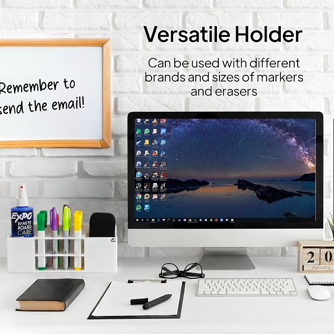 Strong magnetic dry-erase whiteboard holder, 8-slot acrylic pen organizer with glass and wall mounting hardware for refrigerator, office, and classroom. Markers, Eraser, Cleaner Not Included (White)