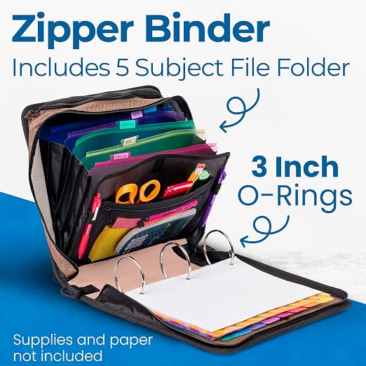 Case-it School Zipper Binder | 3-Inch O-Rings | 600-Sheet | D-146 OG Camo | Mighty Zip Tab, 5-Subject Expanding File Folder, Multiple Pockets, Storage Organizer, Shoulder Strap, Office
