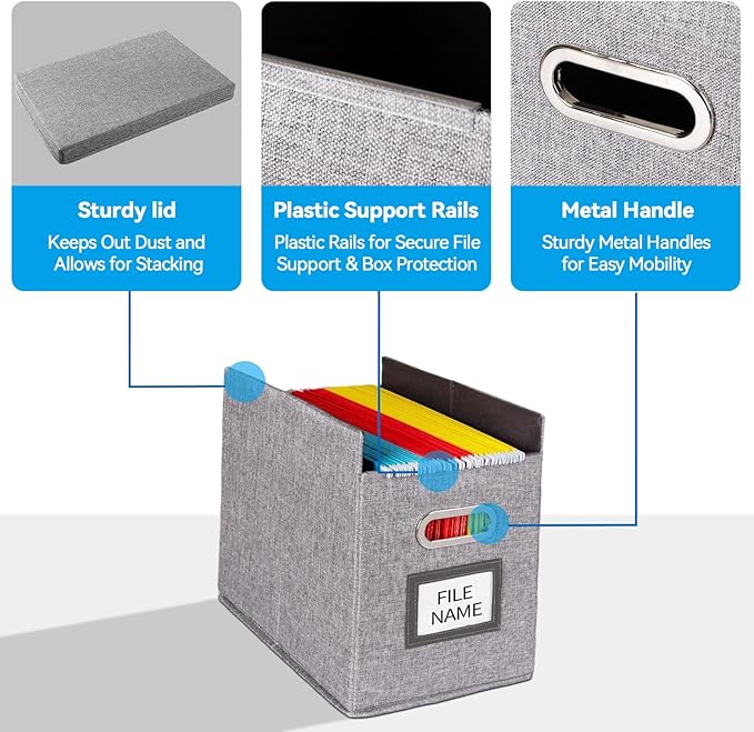 2 Pack Hanging File Folders Organizer with Lid, Letter Size Fabric File Storage Box Collapsible, Portable Office Document Holder with Metal Handle, Smooth PVC Rails, Gray