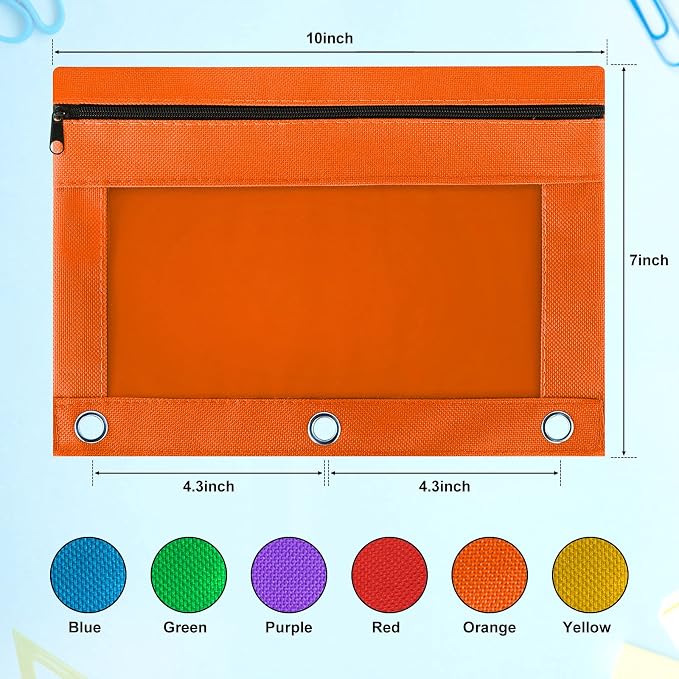 Pencil Pouch for 3 Ring Binder, 30 Pack Bulk Pencil Bags with Zipper, 6 Colored Pencil Case for Classroom School Office Supplies, Large Sturdy and Durable Cloth Pencil Pocket for 3 Holder Binder