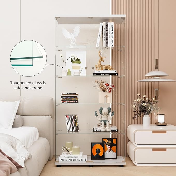 FLYMUHJIA Curio Cabinets with Tempered Glass Doors - 5-Shelf Double Door China Cabinet for Display and Collectibles - White