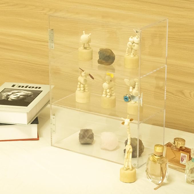 3 Shelf Locking Display Case with Key, Acrylic Countertop Cabinet | Clear dustproof lockable showcase, vitrinas para colecciones, small case for figurine, jewelry, bobblehead, perfume, knife