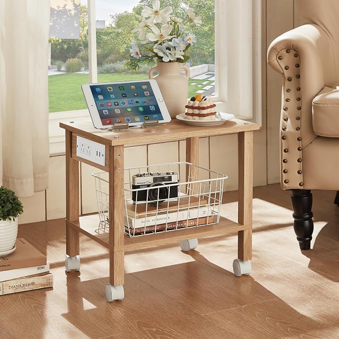 YUFAM 2 Tier Under Desk Printer Stand with Charging Station, Natural | Wooden Small Printer Table for Home Office, Rolling Printer Cart Shelf with Lockable Wheels