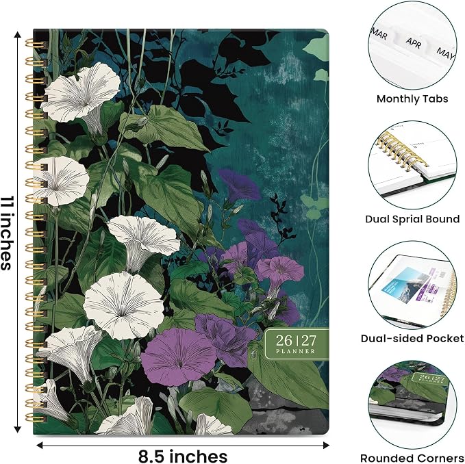 Planner 2026-2027, Academic Year Monthly & Weekly Planner Caledndar, July 2026 - June 2027, Hardcover Large Planning Agenda Book with Tabs for School Office Supplies, 8.5" x 11" - Verdant Whispers