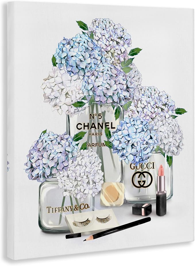 Glam Hydrangea Perfume Bottle Still Life, 30 x 40 Inch Canvas Wall Art | Stupell Industries · By Ziwei Li · Ready to hang · Chic fashion inspired decor for bedroom or office · Made in USA