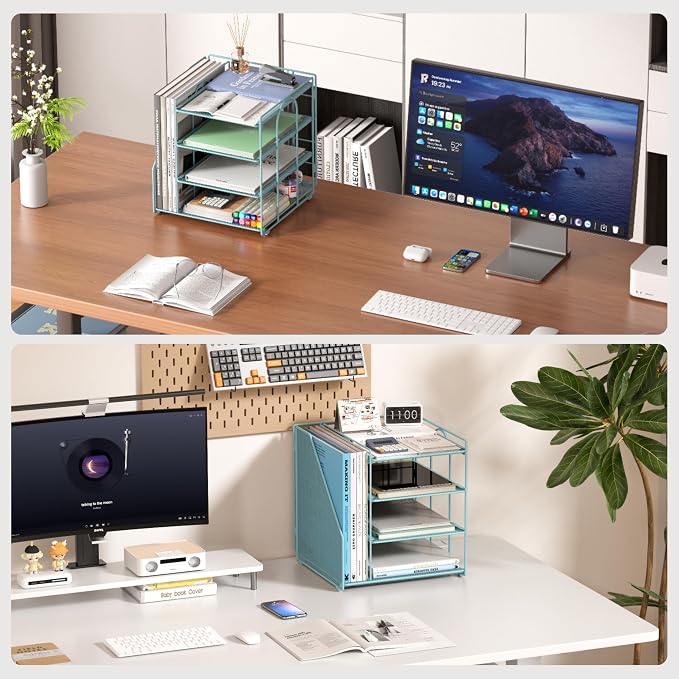 Teal Desk File Organizer and Accessories, 4-Tier Paper Organizer with Vertical File Holder, Office Desk Accessories & Workspace Organizers and Desktop Storage for Office Supplies (Sky Blue)