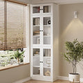 TUSY 85.5" Modern Tall Bookcase with Glass Doors, 7-Tier Wood Bookshelf with Storage for Home Office, Large Curio Cabinet for Living Room, Office, Bedroom, Family Room (White, A)