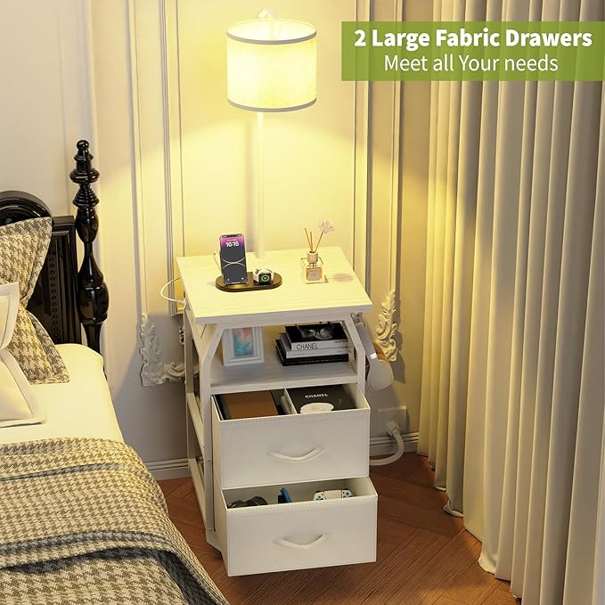 runjuly Floor Lamp with Table, End Tables with Lamps Attached 3-Color Temperature Bulb, Side Table with Lamp with 2 Drawers & Charging, Lamps Tables Combo for Bedroom, Dorm, Apartment - White