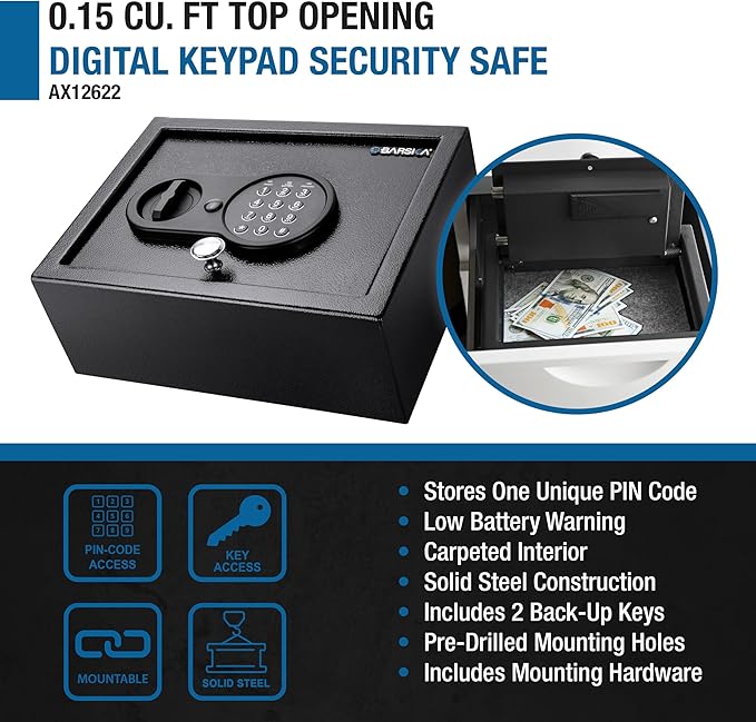 Barska Top Opening Keypad Safe – Compact Digital Security Box for Home or Office, Solid Steel, Anti-Pry Hinges, Jewelry & Valuables- drawer safe - top open drawer - in wall mounting, Hidden safes