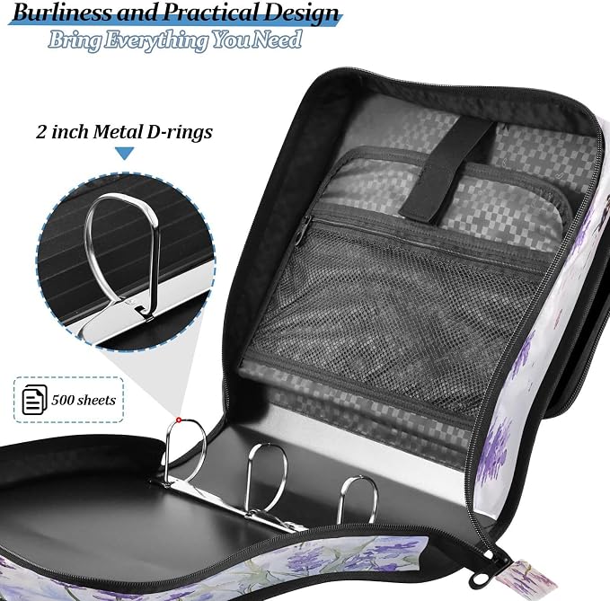 ALAZA Zipper Binder 3 Ring Lavender Bee Binder Organizer with Zipper and Shoulder Strap Large Capacity Multi-Pocket Trapper Keeper File Folder for Office Supplies