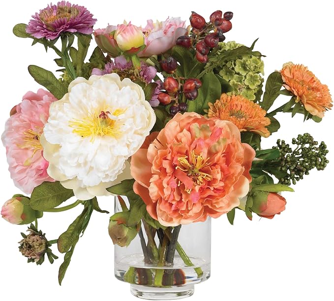 Nearly Natural 10 in Artificial Peony Arrangement in Glass Vase | Mixed Peony Faux Flower Blooms, Liquid Illusion Water in Glass Vase, Mini Table and Shelf Decor