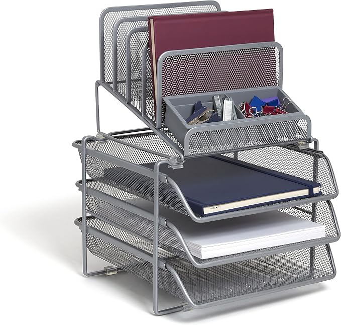 TRU RED All‑In‑One Wire Mesh Desk Organizer, 10‑Compartment, Silver, 2‑Pack – Desktop Storage for Office & Home Use