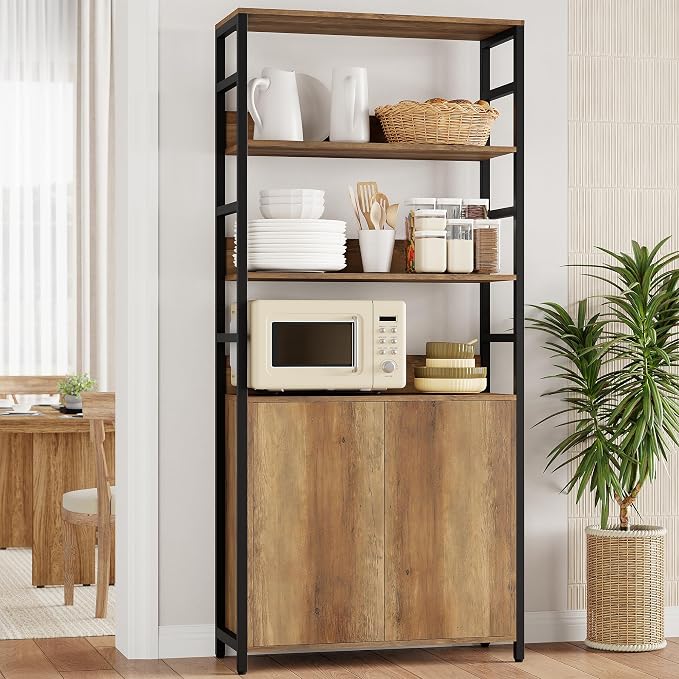 Garvee 71" Tall Bookshelf with Doors and Adjustable Shelf, Brown | Industrial Display Standing Shelf Rack with 3-Tier Shelves, Bookcase with Protective Rails for Living Room, Office