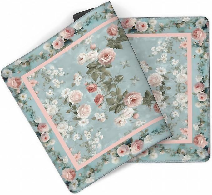 Floral Aesthetic Rose Gaming Mouse Pad, Muted Green Rug Desk Mat with Anti-Slip Base & Stitched Edges,35.4" x 15.7" in Desk Accessories for Women, Home Office Decor & Artistic Gift