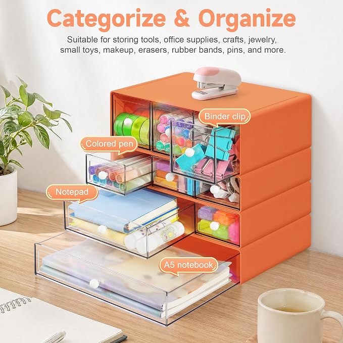 Desk Organizer with 9 Drawers, 4 Tiers Stackable Storage Drawers, Desktop Storage Box with Clear Drawers for Stationery, Makeup, Jewelry, Office and Craft Supplies (Orange)