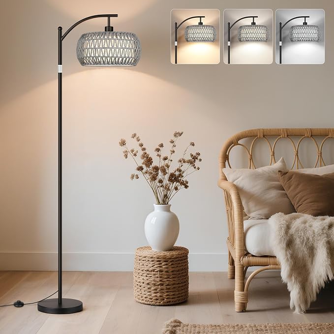 Rattan Floor Lamps for Living Room, Boho Standing Lamps with Grey Rattan& Linen Double Shades, Arc Lamps Floor Standing with 9W Bulb, Foot Switch, Bohemian Floor Lamps for Bedroom, Office-black