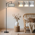 Rattan Floor Lamps for Living Room, Boho Standing Lamps with Grey Rattan& Linen Double Shades, Arc Lamps Floor Standing with 9W Bulb, Foot Switch, Bohemian Floor Lamps for Bedroom, Office-black