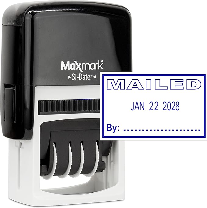 MaxMark Office Self Inking Date Stamp with Phrase Mailed - Blue Ink