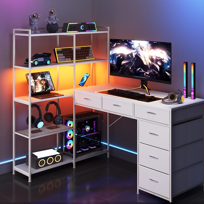 L Shaped Gaming Desk with Power Outlet & RGB Lights, Corner Computer Desk with 6 Drawers 5-Tier Shelves, PC Workstation with USB/Type-c Charging for Home Office, White