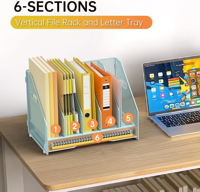 Docnest Mesh Desk File Organizer, 5 Vertical Compartment Box Sorter, Blue | Features 4 removable middle dividers for custom spacing and a bottom letter tray to hold paper, mail, and documents