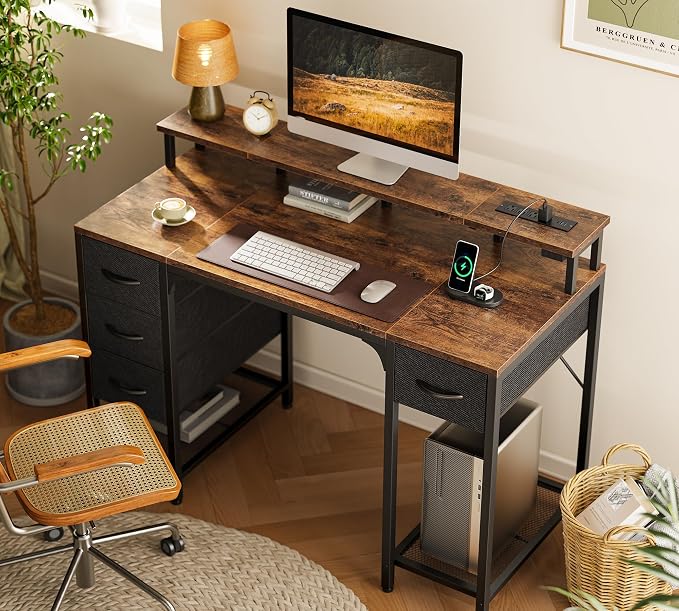 Huuger 47 inch Computer Desk with Power Outlets & 4 Drawers | Gaming Desk with LED Lights, Home Office Desk with Storage Space, Work from Home, Rustic Brown and Black
