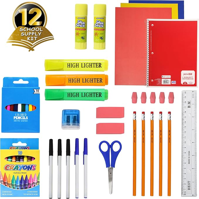 Moda West 50 Piece Bulk School Supplies Kits - Pens, Pencils, Crayons, and More - Value Pack of 12 Kits - Essential Box of School Supplies for Elementary, Middle, and High School Students