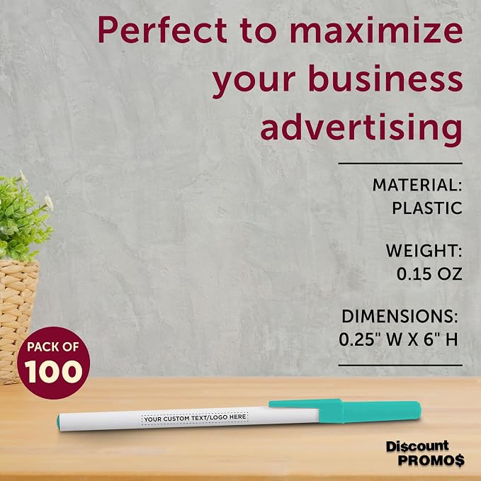 DISCOUNT PROMOS Custom Value Stick Pens Set of 100, Personalized Bulk Pack - Black Ink, Great for Office, School, Business, Tradeshows, Events - Teal