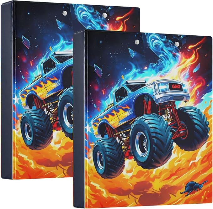 Monster Truck Cool Round Ring Binders 1.5 Inch Yellow Boom Cars Cute Doodle Pattern 3 Ring Clipboard Binder for Office School Work Supplies File Folder Document 200 Sheet Capacity Easy Open