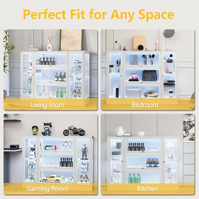 Display Cabinet with Acrylic Glass Doors,Extra Wide Curio Cabinet with LED Lighting for Collectibles, Collectibles Toy Organizers Rack & Display Shelf Display Case, White