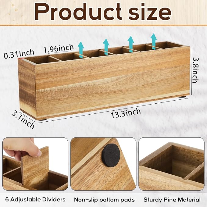Jetec Wooden Pencil Pen Holder for Desk 6 Compartments Wood Office Desk Organizers for Countertop Adjustable Makeup Brush Organizer Silverware Caddy for Party, Home, Art Supplies (Acacia Wood)