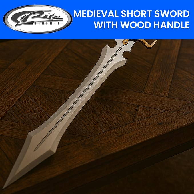 SZCO 31.25" Fantasy Sword – Medieval Short Sword with Wood Handle, Brass Guard & Pommel – Collectible Replica Blade with Leather Sheath – Decorative Cosplay & Display Weapon