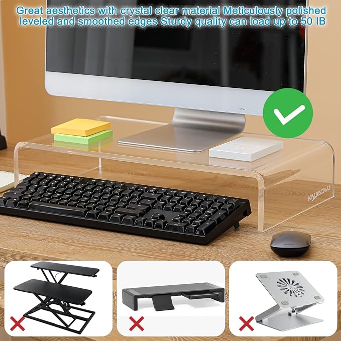 20"x10"x4" Acrylic Monitor Stand, Clear Laptop Riser with Bonus Phone Stand | Extra-Wide Clear Premium Acrylic Computer Stand, Monitor Riser & Ergonomic Desk Organizer Shelf for Office, Home, Printer, TV