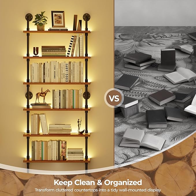6-Tier LED Ladder Shelf, Wall Mounted Pipe Bookshelf, Walnut Brown 36 Inch | Solid pine 6-tier wall mounted pipe bookshelf with warm LED lights, 40 lb shelves, for books, plants and decor