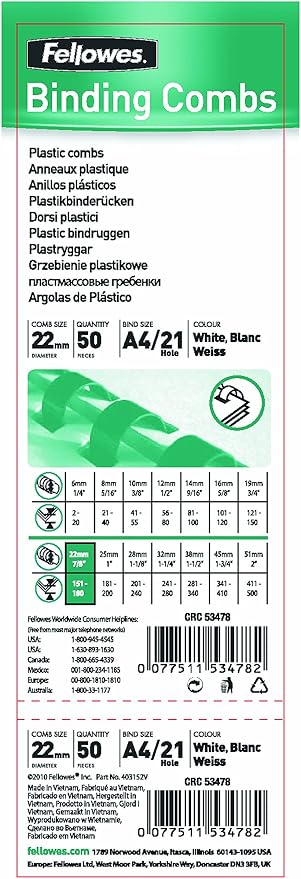 Fellowes A4 22 mm Plastic Binding Combs for Comb Binding Machine, Binds 151 to 180 Pages, White, Pack of 50