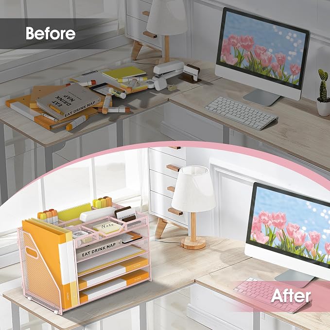5 Tier Paper Letter Tray Desk Organizer with Pen Holders - Pink | Features 3 pen holders and 4 removable dividers.Versatile mesh desktop storage for mail, document,office supplie