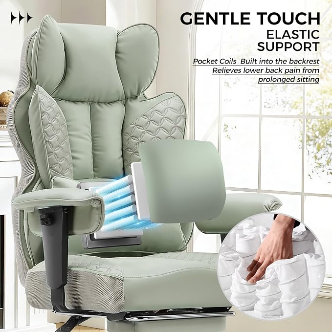 COMHOMA Big and Tall Office Chair Heavy Duty Wide Ergonomic Gaming Chair with Deluxe Embossing Designed Leather with Foot Rest,150°Reclining Adjustable Armrests Pocket Spring Back Support and Pillow