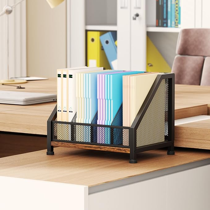 SWTYMIKI Desk Organizer - Paper Organizer, Mesh and Wood Desk Office Organizer, Office Organization and Binder Storage for Workspace, Home, School, Espresso