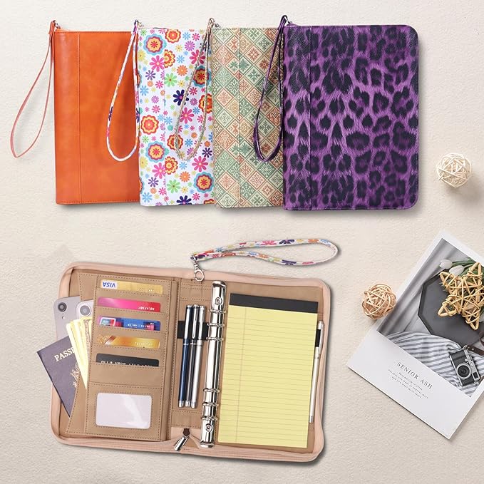 A5 Binder 6 Ring with Zipper, Portable Planner for Travel & Study | Faux leather A5 planner with detachable 6 rings, lined pages, pouches, card slots and pen holder for daily use.