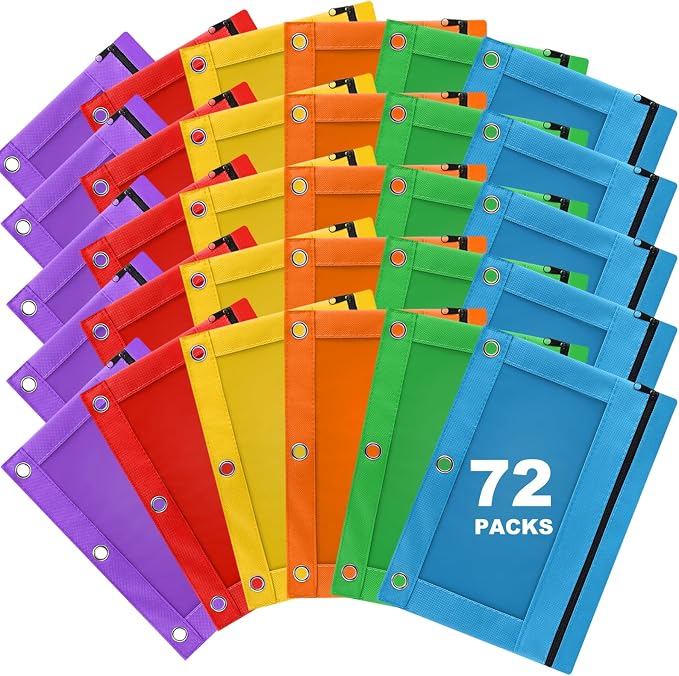 Pencil Pouch for 3 Ring Binder, 72 Pack Bulk Pencil Bags with Zipper, 6 Colored Pencil Case for Classroom School Office Supplies, Large Sturdy and Durable Cloth Pencil Pocket for 3 Holder Binder