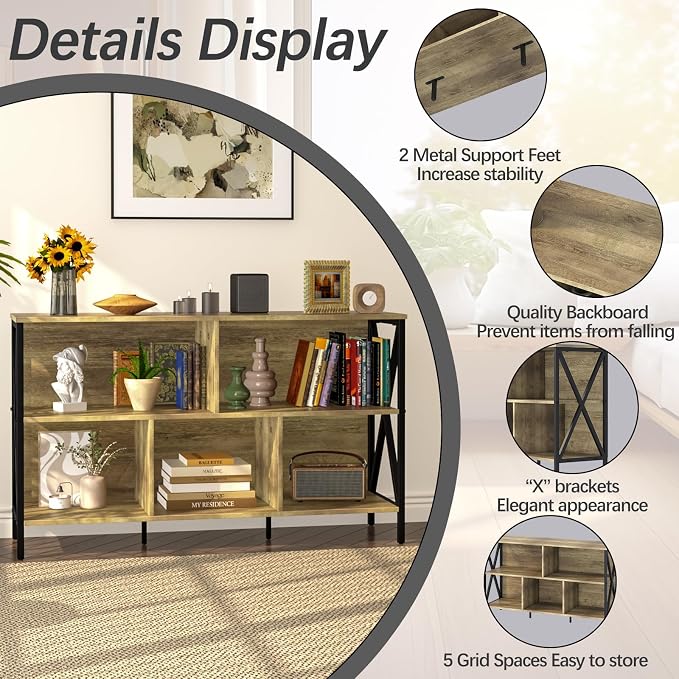 Adompacat 47" Low Horizontal Bookshelf, 5 Cube Wide Storage Organizer, Industrial Wood Metal Cubby Bookcase, Rustic Oak Farmhouse Open Shelf for Bedroom Living Room Home Office(47 in, Oak)