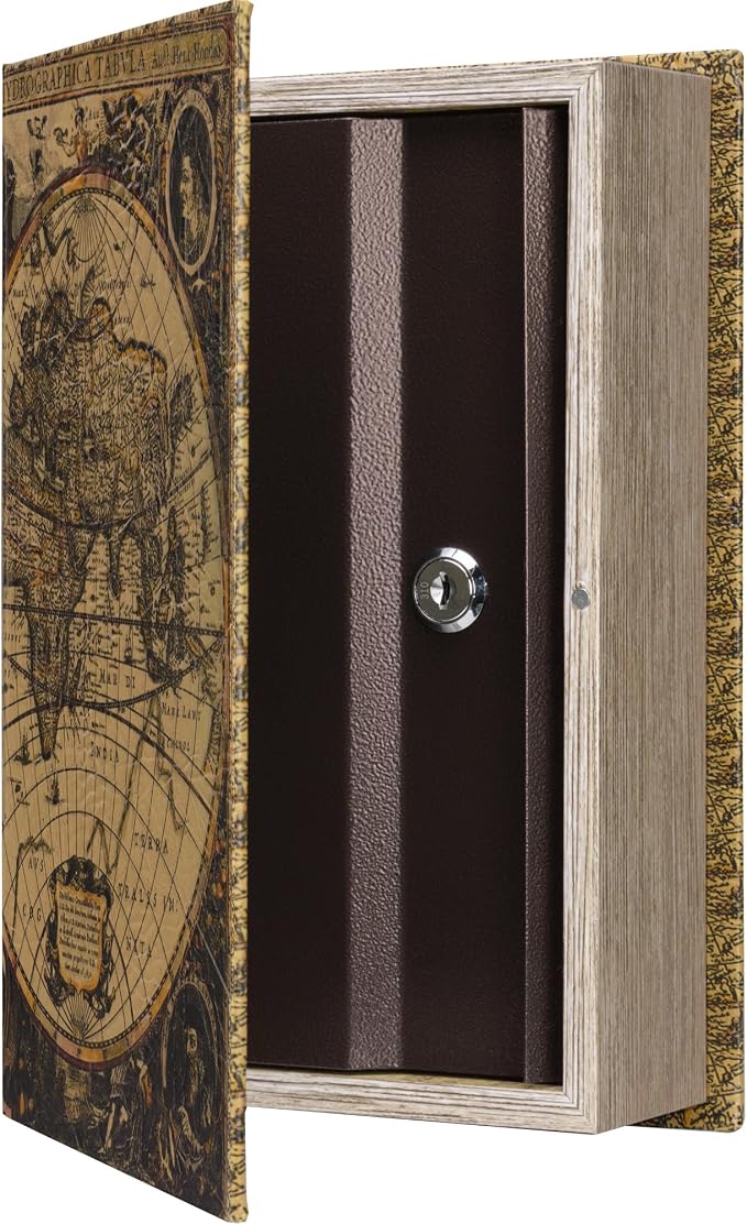 Barska Antique Map Book Safe with Key Lock – Hidden Diversion Lock Box with Magnetic Closure – Concealed Steel Compartment for Cash, Jewelry, Valuables – Home or Office Security Hidden Book Safe