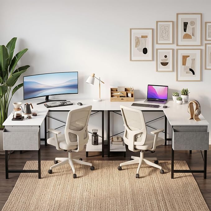 Corner Desk, L Shaped Gaming Desk with Storage Pocket and CPU Stand, White | 50 Inch Work Desk for Home Office, Small Corner Study Writing Table with Sturdy Metal Frame, Writing Workstation for Bedroom