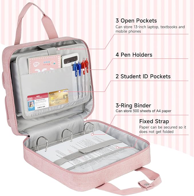 Zipper Binder 3 Ring with Ita Window,500 Sheets Capacity, Binder 2 Inch with Shoulder Strap Fits 13 Inch Laptop for School and Office,Pink