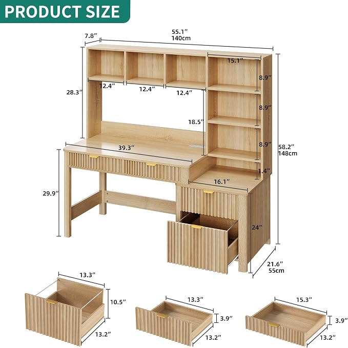 YITAHOME Computer Desk with Hutch and Drawers | 55" Office Desk with Storage Shelves Gaming Desk